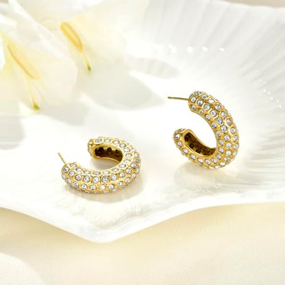 FRUMOS 18K Gold Plated Chunky Hoop Earrings for Women Fashion Thick Gold Hoops Set Jewelry for Birthday Christmas Gifts - color: Gold Full CZ Paved Hoop