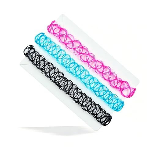 3PCS Black Tattoo Choker Necklace Y2K Rainbow Tattoo Choker 90s Choker Gothic Blue and Purple Chokers 2000s Jewelry Adjustable Stretchy Elastic Necklace Vintage Accessories for Women - color: Black-Blue-Pink
