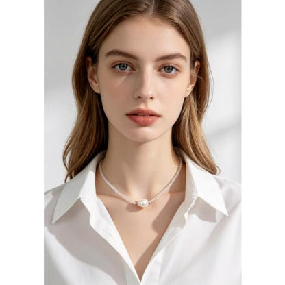 Single Pearl Choker Pendant Necklaces for Women, Natural Gemstone Womens Black Stone Beaded Choker Necklace, Dainty Round Freshwater Pearl Handmade Jewelry Gift Women Birthday Bridesmaids Anniversary 16 18 inch - color: 07-Moonstone, size: 16"