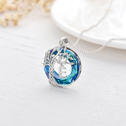 TOUPOP Gifts for Women Tree of Life Initial Necklace 925 Sterling Silver Letter Pendant with Blue Crystal Birthday Jewelry Gifts for Women Her Mom Wife Daughter - color: Tree of Life E Initial