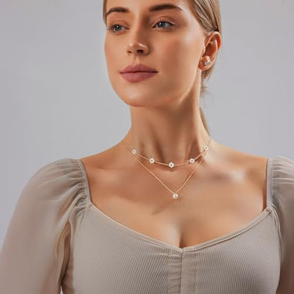 Zeffy Gold Pearl Necklace for Women, Dainty 14K Gold/Silve Plated Layered Pearl Choker Pearl Earrings Pearl Bracelets Wedding Trendy Gold Jewelry Set for Women Gifts - style: Gold Pearl Daisy Necklace-2PCS