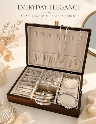 YEEZII 56 Pcs Gold Jewelry Set for Women with 5Pcs Layered Necklace, 5Pcs Layered Necklace, 12 Bracelets, 4 Hoop Earrings, 8 Stackable Rings, 10 hairpins, 12 Studs Earrings Jewerly set for Women - color: SilverB