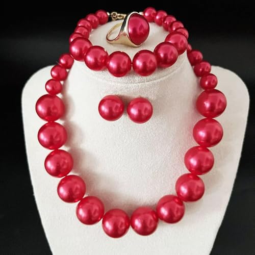 Chunky Beaded Jewelry Set, Necklace Earrings Bracelet Ring for Women Party | Simulated pearl jewelry set, necklace earrings bracelet & ring. Elegant chunky beaded, ideal gift for wedding and daily wear. - color: Red
