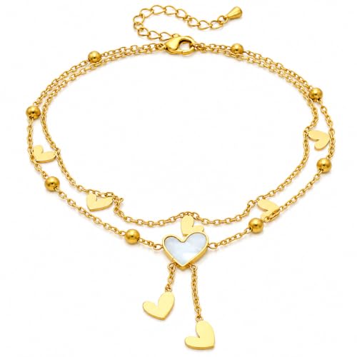 Gold Heart Anklet for Women, Layered Double Chain Ankle Bracelet, Dainty Heart Charm Anklet, Minimalist Beach Vacation Foot Jewelry