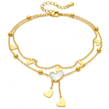 Gold Heart Anklet for Women, Layered Double Chain Ankle Bracelet, Dainty Heart Charm Anklet, Minimalist Beach Vacation Foot Jewelry