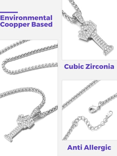 Richsteel Silver Crown Initial A-Z Letter Pendant Necklace for Men Women | Cubic Zirconia Monogram, 316L Steel Chain, 22" + 2" Extender,Hypoallergenic,Gift Box, Hip Hop Jewelry - style: I