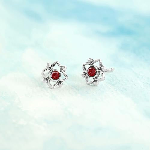 Boma Jewelry Sterling Silver Flower Shaped Dot Stud Earring - color: Synthetic Red Coral