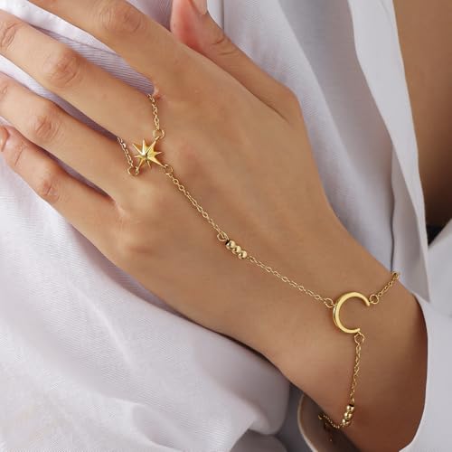 Lunar Hand Chain – Adjustable 18K Gold Plated Crescent Moon Bracelet for Women Delicate Gold Moon Jewelry Lightweight Elegant Charm Bracelet - color: Steel