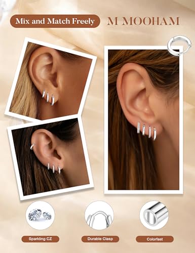M MOOHAM Huggie Hoop Earrings for Women Teen Girls, 14K Gold Plated | Hypoallergenic Earring Set for Sensitive Ears, Small Huggie Hoops, Dainty Earrings Stack, Trendy Jewelry Gifts - color: Silver