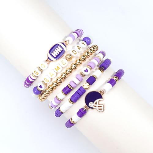 Ardorchid Halloween Bracelets for Women Pumpkin Ghost Steleton Bat Skull Beaded Stackable Stretchy Bracelet Rugby Thanksgiving Christmas Heishi Bracelets - color: Game Day-Purple