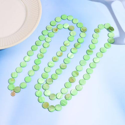 Firstmeet Flat Round Coin Shell Beads Long Knotted Necklace Natural Mother of Pearl Handmade Jewelry For Women - color: Apple Green