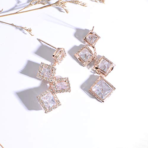 CZ Bridal Earrings for Wedding - 14k Plated Sterling Silver Elegant Teardrop Cubic Zirconia Crystal Rhinestone Floarl Leaf Cluster Chandelier Statement Dangle Drop Earrings for Bride Bridesmaids Party - color: 4 Square - Rose Gold