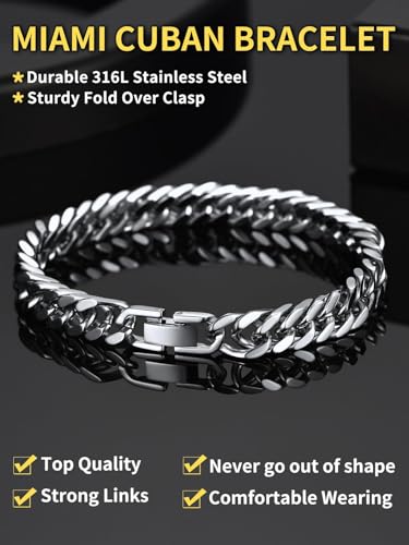 ChainsHouse Stainless Steel Cuban Link Bracelet, 6mm/8mm/12mm/17mm Width, 7.5"/8.3"/9", Black/ 18K Gold Plated Chain Wrist Bracelets for Men Women, Send Gift Box - color: A: Steel-8mm width
