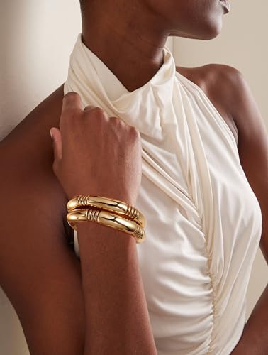 Gold Chunky Bangles Bracelets For Women 14k Gold Plated Stack Layered Curved Bamboo Tube Stretch Bracelets Gift Jewelry - color: 2pcs Gold