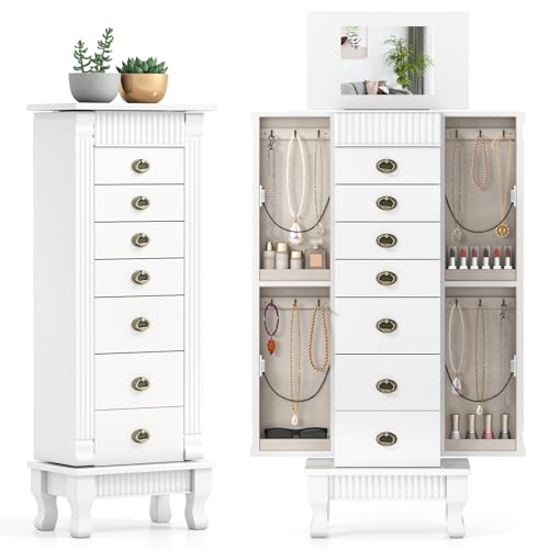 Giantex Standing Jewelry Cabinet with 7 Drawers, Flip-Top Mirror, 2 Side Doors with 12 Necklace Hooks, Divided Ring Compartments, Velvet-Lined Jewelry Armoire Organizer Chest (White) - color: White