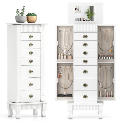 Giantex Standing Jewelry Cabinet with 7 Drawers, Flip-Top Mirror, 2 Side Doors with 12 Necklace Hooks, Divided Ring Compartments, Velvet-Lined Jewelry Armoire Organizer Chest (White) - color: White