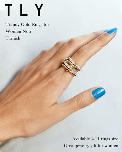 TLY Stackable Gold Rings for Women Interlocking Ring Stack Set non tarnish | 18K Gold Silver Plated Mixed Metal Statement Rings Waterproof Cubic Zirconia Fashion Connected Band Thumb Ring Size 4-11 - color: 01.Halley set