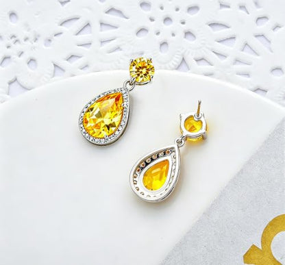 Drop Dangle Earrings Teardrop Gemstone Waterdrop White Gold Plated Crystal Hanging Cubic Zirconia Ruby Sapphire Emerald Jewelry Gift for Women Mother Wife - color: Yellow