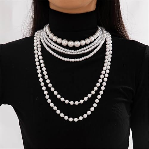 Long Pearl Beaded Necklace Layered Big Small Beads Pearl Necklaces Multi Strand Pearls Necklaces for Women Trendy Jewelry Gift - color: C