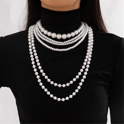 Long Pearl Beaded Necklace Layered Big Small Beads Pearl Necklaces Multi Strand Pearls Necklaces for Women Trendy Jewelry Gift - color: C