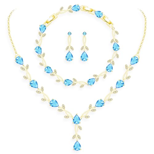 GZWHD Wedding Jewelry Sets for Bride Bridesmaid Women Cubic Zirconia Necklace Earrings Bracelet Set Gift for Mother Friend Wife Daughter Sister Party Prom Jewelry - color: Gold-Sky Blue