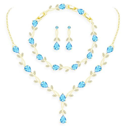 GZWHD Wedding Jewelry Sets for Bride Bridesmaid Women Cubic Zirconia Necklace Earrings Bracelet Set Gift for Mother Friend Wife Daughter Sister Party Prom Jewelry - color: Gold-Sky Blue