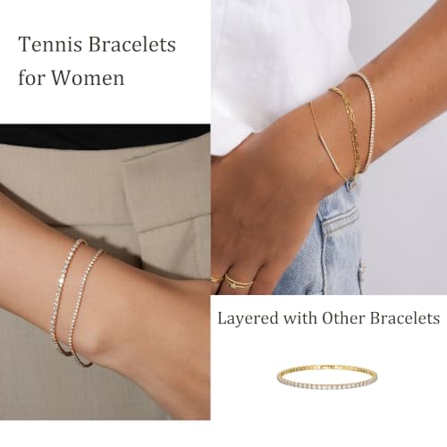 Tewiky Tennis Bracelet 14K Gold/Silver Plated 3mm Cubic Zirconia Tennis Bracelets for Women, Dainty Gold Bracelets for Women Non Tarnish Jewelry - color: Gold
