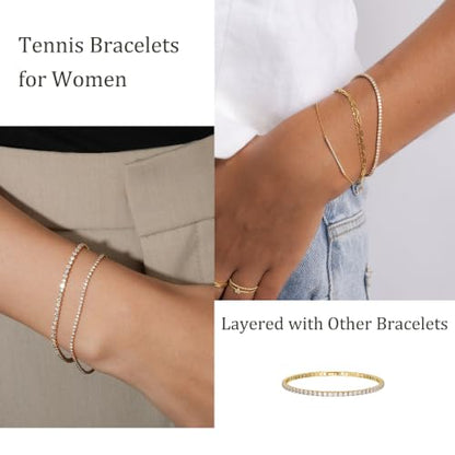 Tewiky Tennis Bracelet 14K Gold/Silver Plated 3mm Cubic Zirconia Tennis Bracelets for Women, Dainty Gold Bracelets for Women Non Tarnish Jewelry - color: Gold