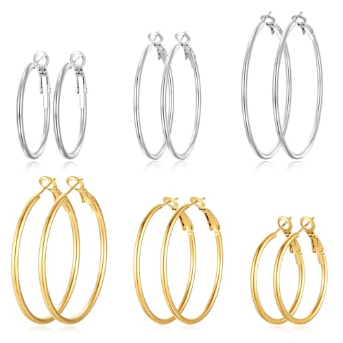 4 Pairs Silver Gold Hoop Earrings for Women | 14K Gold Plated Hoop Earrings Set Hypoallergenic Earring Lightweight Dangle Earrings Set - color: 6 Pairs Silver+Gold-30/40/50mm