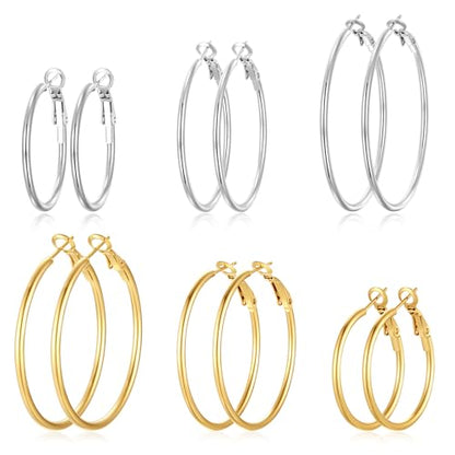 4 Pairs Silver Gold Hoop Earrings for Women | 14K Gold Plated Hoop Earrings Set Hypoallergenic Earring Lightweight Dangle Earrings Set - color: 6 Pairs Silver+Gold-30/40/50mm