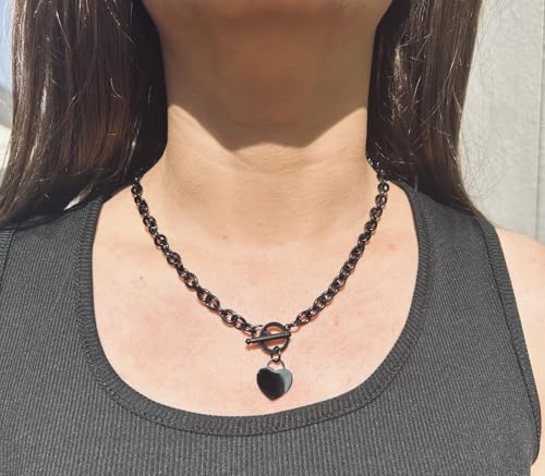 WangGao Elegent Love Stainless Steel Link Chain Blank Heart Charms Necklace for Women Toggle Clasp Closure - color: Black, size: 19.6inches