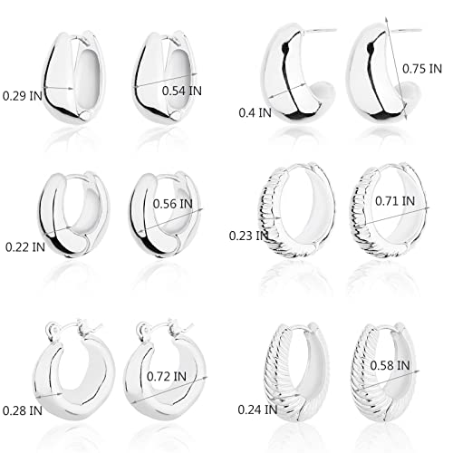 Wgoud 6 Pairs Chunky Gold Hoop Earrings for Women, 14K Gold Plated Hoop Earrings Hypoallergenic, Thick Lightweight Twisted Huggie Hoops Earring Set for Women’s Jewelry GIfts - color: 6 Prs Chunky Silver