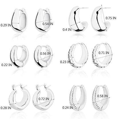 Wgoud 6 Pairs Chunky Gold Hoop Earrings for Women, 14K Gold Plated Hoop Earrings Hypoallergenic, Thick Lightweight Twisted Huggie Hoops Earring Set for Women’s Jewelry GIfts - color: 6 Prs Chunky Silver