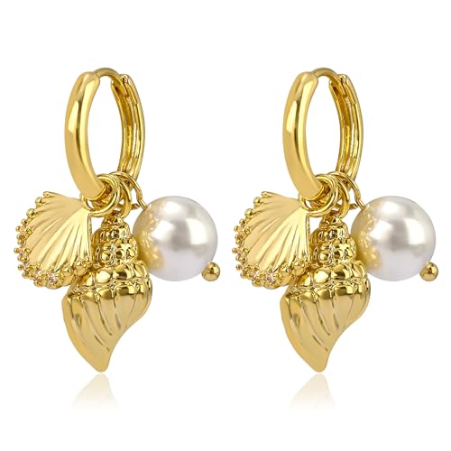 Dangle Gold Charm Earrings for Women 14K Gold Plated Bow Cherry Rose Zirconia Dragonfly Love Heart Wing Cross Pearl Conch Seashell Huggie Hoop Earring Drop Cross Trendy Party Jewelry Gifts for Women - style: Seashell and Pearl