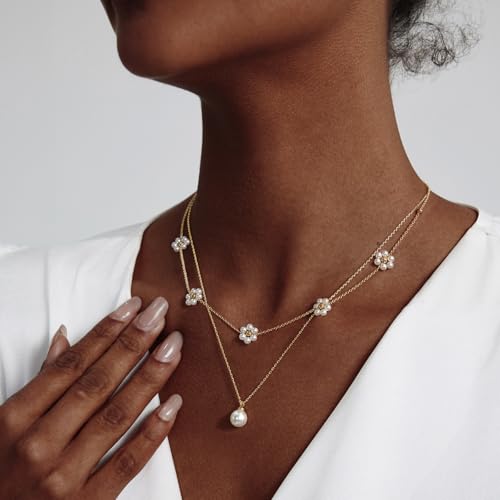 LULII Pearl Necklaces for Women 14K Gold Plated Dainty Layered Single Pearl Necklace Simple Daisy Pearls Choker Cute Gold Necklace Stack Jewelry Sets for Women Trendy Gifts - color: Gold-Layered Daisy Pearl