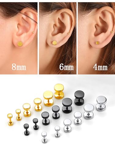 PROSTEEL Stainless Steel Huggie Hoop Earrings for Mens Gold/Black/Silver | Skull/Infinity Pattern, Spike/Cuban Links 4 Design Options Hypoallergenic Lightweight Earring Hip Hop Punk Gothic Jewelry - style: 10-Flat Stud-Gold(3 Pairs)