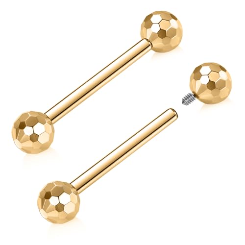 GAGABODY G23 Titanium 14G Tongue Piercing Nipple Jewelry Bridge Barbells | Internal Threaded Used in Nipple,Tongue,Bridge 14G Length from 12mm to 18mm Section Lightweight Daily Wear for Sensitive Skin - color: 1 Pair-Gold+Section Design Ball, size: 14G+1/