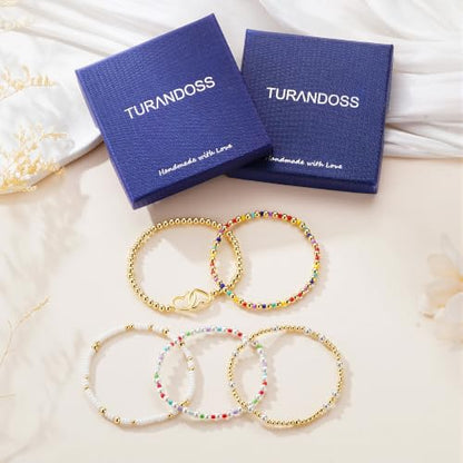 Turandoss 5PCS 14K Gold Plated Beaded Stretch Bracelets Set for Women | Stacked Bow Cross Wave Knot Pearl Beads Bracelet Set, Waterproof 7 Inch Stretch Elastic, Summer Jewelry Gifts for Women Girls - color: 5PCS Heart Beaded Bracelets