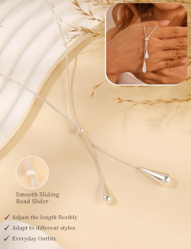 Lariat Gold Silver Necklace for Women Long Dainty Y Necklace 14k Gold Plated Drop Chunky Necklace Trendy Clover Heart Cross Teardrop Cz Pendant Statement Simple Adjustable Jewelry Gift - color: Silver- Water droplet