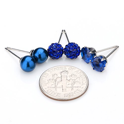 JewelrieShop Birthstone Studs Earring Set Cubic Zirconia Rhinestones Crystal Ball Faux Pearl Stainless Steel Stud Earrings for Women Jewelry Gift (6mm Round,3 Pairs) - color: 9) Sept. - Deep Blue