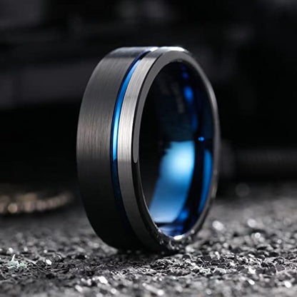 King Will Mens Tungsten Carbide Wedding Band with Groove Design | 6/7/8mm Width, Grooved, Comfort Fit, Everyday Wear - color: Blue&Black-8mm