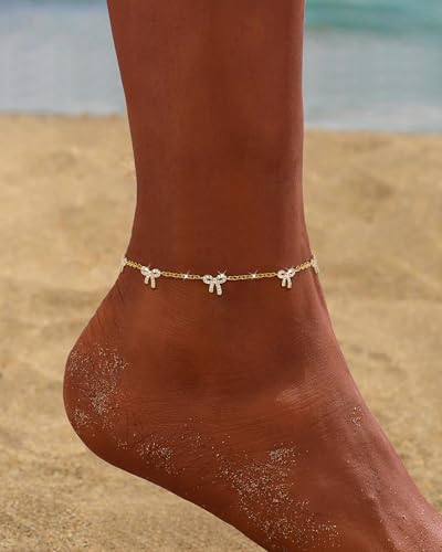 Anklets for Women Waterproof 14K Gold Plated Beach Ankle Bracelets | Dainty Summer Butterfly Clover Anklet Non Tarnish, Heart Bow Anklet, Layered Beach Jewelry, Accessories for Women Trendy - color: Gold 5