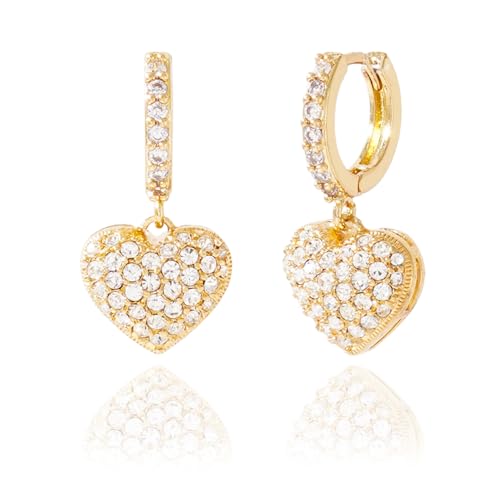 CZ Heart Dangle Earrings for Women 14K Gold Plated Pave Cubic Zirconia Heart Drop Huggie Hoop Earrings Minimalist Small Cute Crystal Love Jewelry Gifts Her Mom Daughter [HER-CZ] - color: Gold