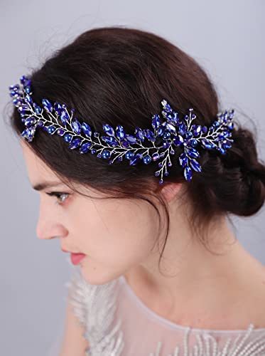 JWICOS Crystal Wedding Headband for Brides Pearl Wedding Hair Accessories Bridal Hair Piece Hair Vine for Women and Girls (Blue) - color: Blue