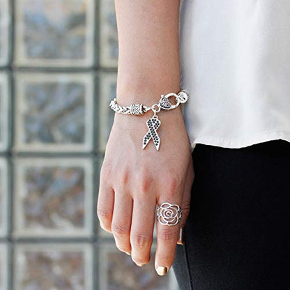 Silver Customized Charm Bracelet with Cubic Zirconia Jewelry - style: Black Ribbon