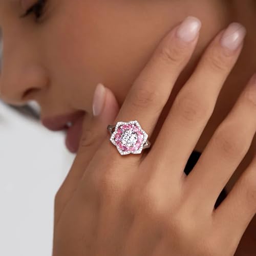 Flower Cocktail Ring for Women Stone Engagement Anniversary Rings | Sterling Silve|Hypoallergenic|Ruby|Sapphire|Emerald|Wedding and Birthday Party Women Statement Ring|Mother and Grandma Gift - color: Pink Tourmaline (Oct.)