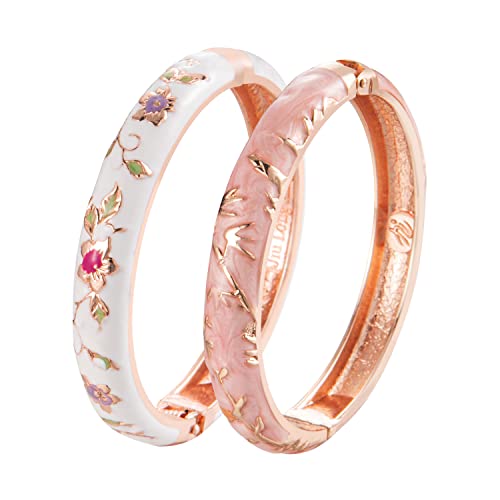 UJOY Cloisonne Bracelet Butterfly Hinge Indian Cuff Bangle Enameled Jewelry Flower Bracelets for Women Gift Box 55A114 - color: A117-2 Pcs Set-White Pink