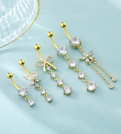 BSJ4U Belly Button Rings Gold Plated Silver Pink Clear CZ Belly Rings for Women Heart Bow Flower Butterfly Teardrop Dangle Navel Belly Button Piercing Jewelry - color: Gold Plated Clear Dangle Belly Button Rings