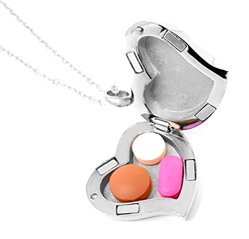 Amour Heart Pill Necklace - Polished Heart Locket with Strong Magnetic Closure - Medication Necklace - Keep Your Medication Securely with You at All Times - 26 Inch Chain - color: Silver