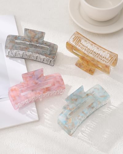 4PCS Large Claw Clips for Thick Hair, Large Acrylic Hair Clips | Modern Marble Geometric Design, Non-Slip Secure Hold for Long Hair, Buns, Updos and Everyday Styling - color: Pink + Gray + Yellow + Cyan
